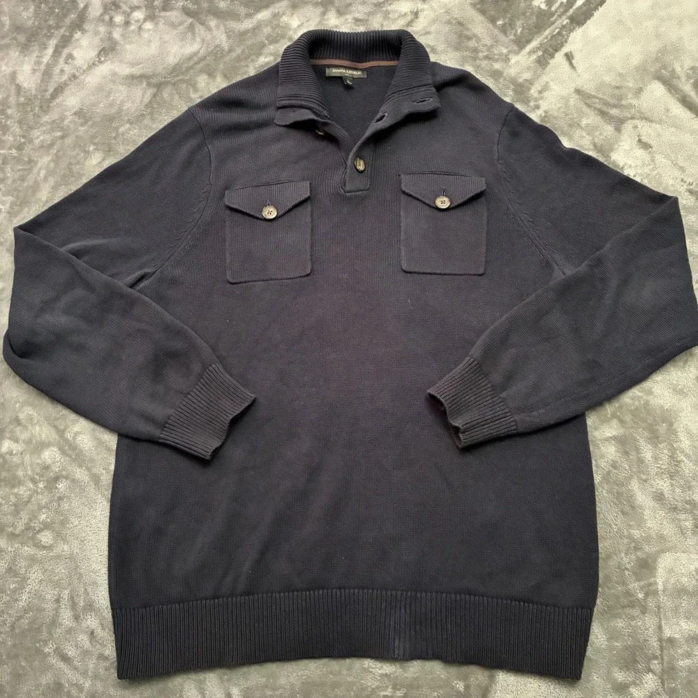 Banana Republic Mens Large Navy Blue Sweater Knit Polo Shirt Long Sleeve Pockets